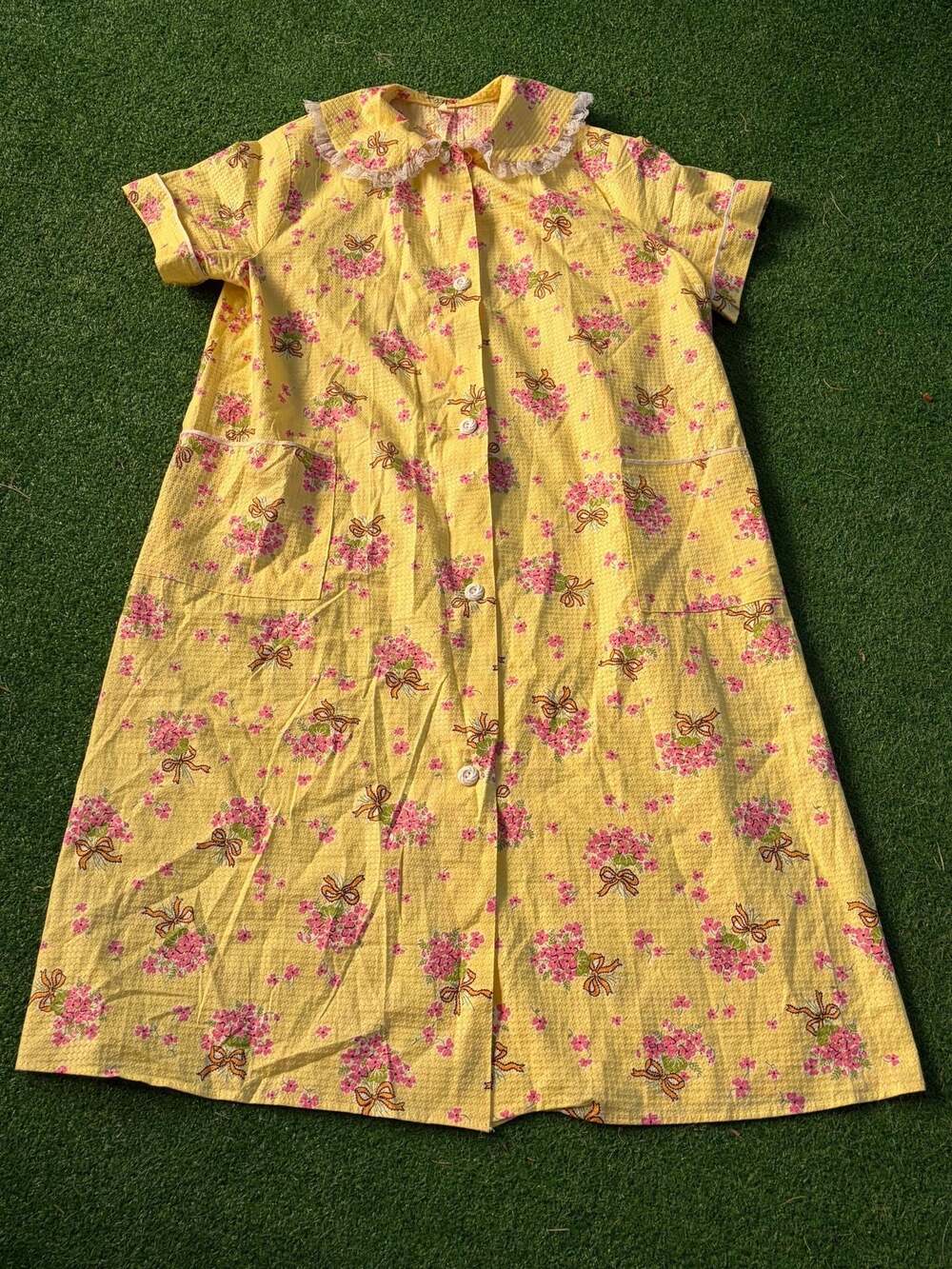 Vintage 1970s Yellow Floral Seersucker House Dress with Lace Collar